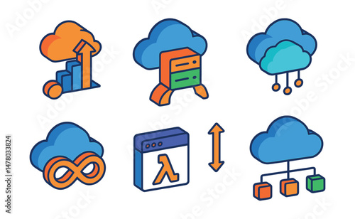 Isometric flat vector of Cloud Infrastructure: cloud migration roadmap, private cloud gateway, public cloud symbol, hybrid cloud model, serverless function window, auto-scaling cloud nodes, backup