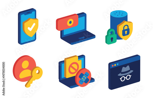 Isometric flat vector of Cybersecurity Essentials: secure mobile device, webcam blocker icon, IoT device protection, encrypted network tunnel, role-based access control, data loss prevention tool,