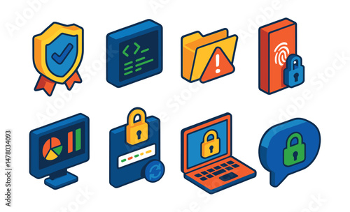 Isometric flat vector icons of Cybersecurity Essentials: cybersecurity certification badge, ethical hacking terminal, data exfiltration alert, biometric access control door, SIEM dashboard interface,