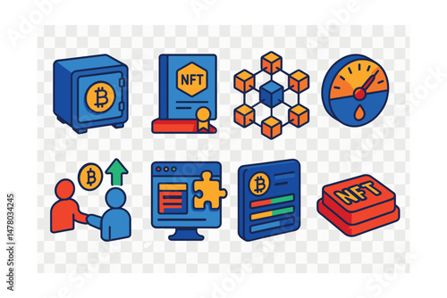 Isometric flat vector icons of Digital Finance & Cryptocurrencies: crypto custody vault, NFT ownership certificate, blockchain scalability diagram, transaction gas fee meter, peer-to-peer payment