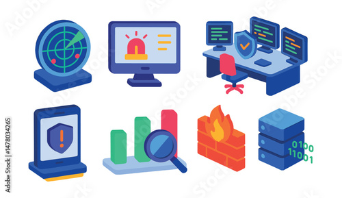 Isometric flat vector icons of Cyber Defense Systems: threat detection radar, real-time intrusion monitor, cybersecurity command center, automated defense response unit, zero-day threat alert, cyber