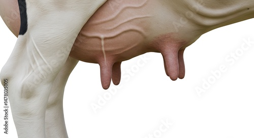 A detailed close-up reveals a healthy, full cow's udder with four prominent teats and clearly visible milk veins, sharply isolated against a pristine white background.