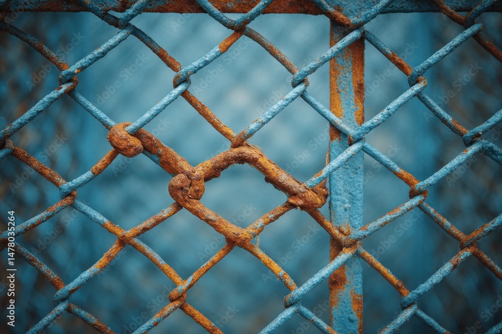 Fototapeta premium Close-up of Rusty Chain Link Fence with Blue Paint