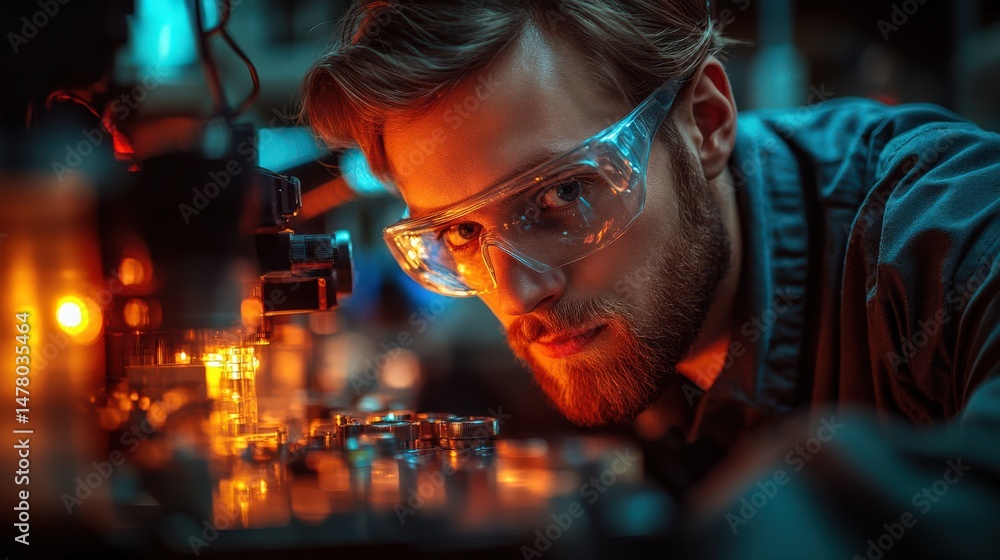 Focused individual engaged in technical experimentation in a laboratory setting with bright orange lighting Focused individual engaged in technical experimentation in a laboratory setting with bright orange lighting