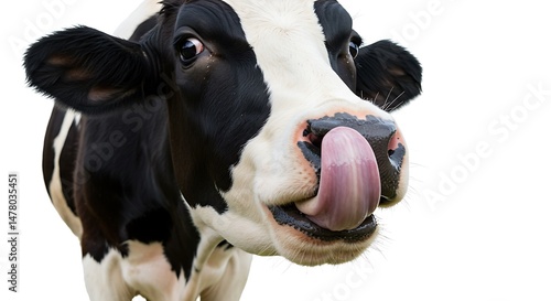 A comical close-up captures a black and white Holstein Friesian cow playfully licking its large pink nose with its tongue