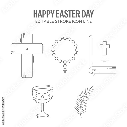 Line art icon set of cross, rosary, Bible, chalice, and palm leaf for Easter. Editable stroke style, perfect for Christian themes, church, and religious design.