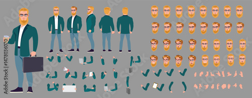 Man Character design. Front, side, back view and explainer animation poses. Character set with lip sync and facial expressions of Happy, angry, sad, Joy with Side walk cycle animation sequence sprite 