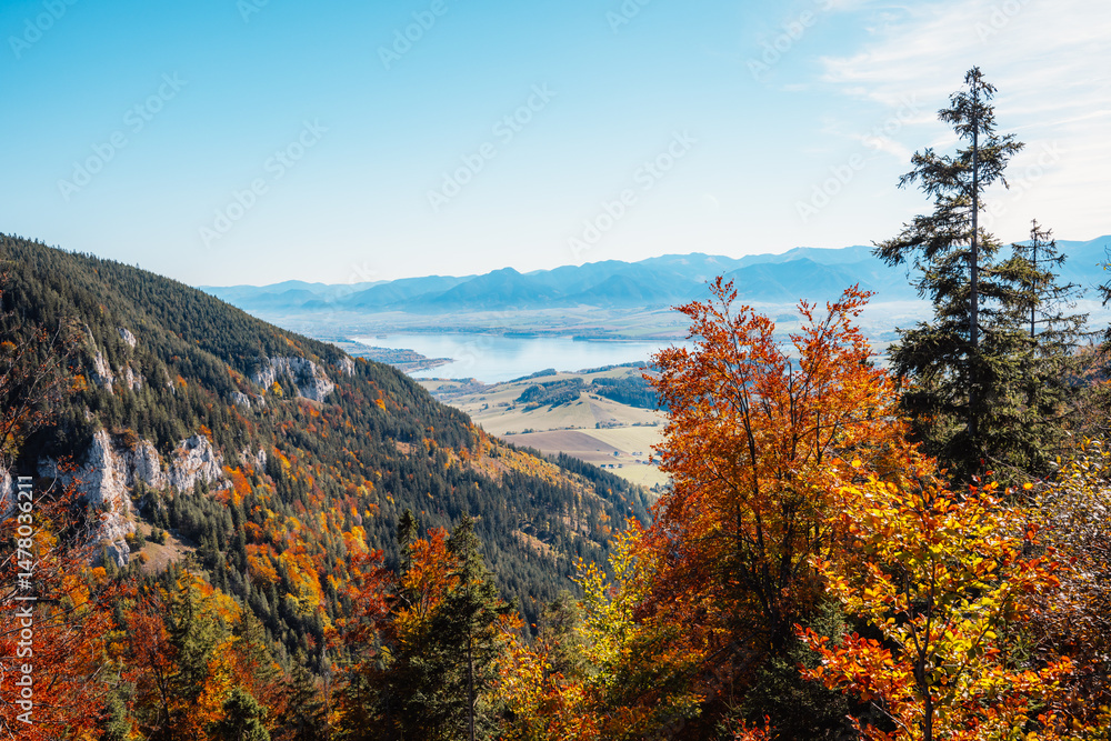Liptov region Hiking in Tatras mountains to autumn cerenova rock view near Liptovsky Mikulas , slovakia.