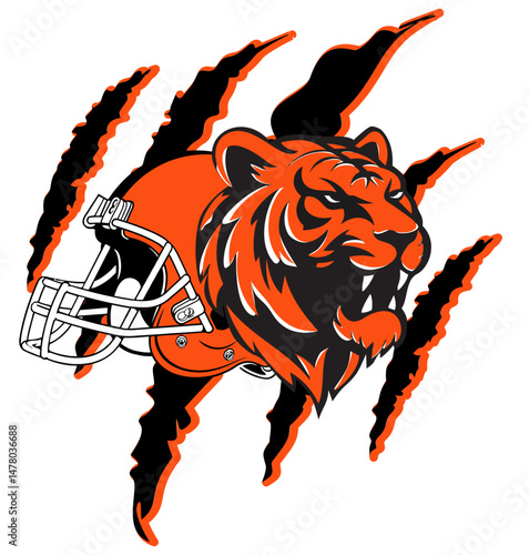 Football helmet and a fierce tiger face combined in a bold vector design, with claw marks in the background. Black and orange color scheme, perfect for strong, aggressive sports graphics
