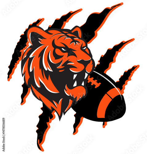 Football ball next to a fierce tiger face, with tiger claw marks in the background. Bold black and orange vector design, perfect for powerful sports graphics and aggressive athletic themes.