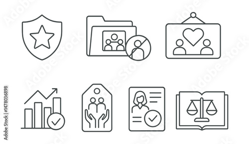 Line style icons of inclusive school policies: safe school badge, inclusive curriculum file, no discrimination symbol, welcoming classroom board, equal opportunity chart, respect agreements tag,