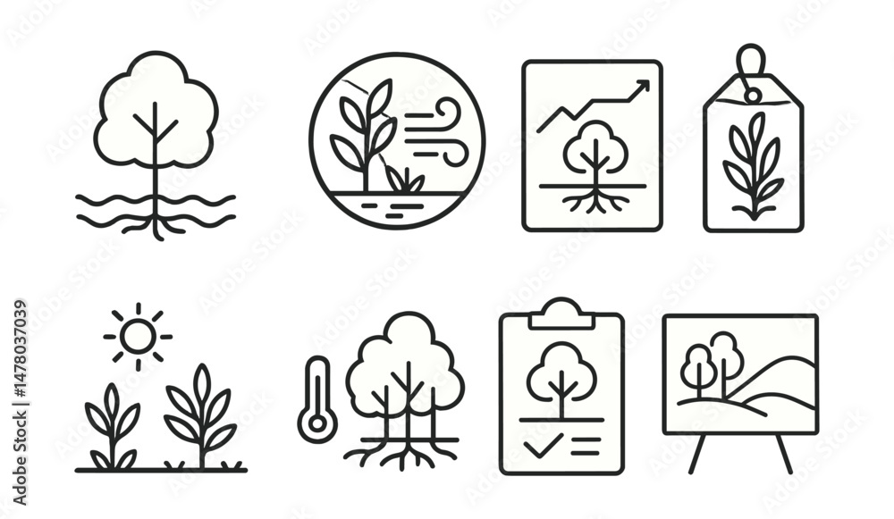 Line style icons of climate-adaptive design: flood-tolerant tree icon, wind-buffer vegetation badge, soil-stabilizing root chart, sun-blocker planting layout, fire-resistant planting tag, temperature Line style icons of climate-adaptive design: flood-tolerant tree icon, wind-buffer vegetation badge, soil-stabilizing root chart, sun-blocker planting layout, fire-resistant planting tag, temperature