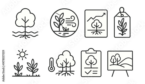 Line style icons of climate-adaptive design: flood-tolerant tree icon, wind-buffer vegetation badge, soil-stabilizing root chart, sun-blocker planting layout, fire-resistant planting tag, temperature