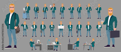 Man Character design. Front, side, back view and explainer animation poses. Character set with lip sync and facial expressions of Happy, angry, sad, Joy with Side walk cycle animation sequence sprite 