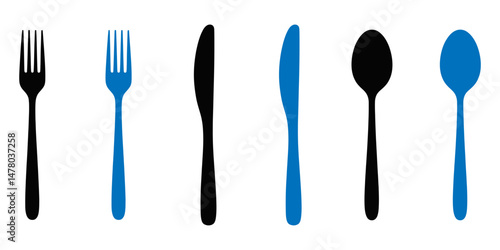 spoon and fork icon set. spoon, fork and knife icon vector. restaurant icon, Kitchen cutlery set. Table knife, tablespoon, teaspoon, metal spoon and steel fork. Flatware top view. Dining, eating tool.