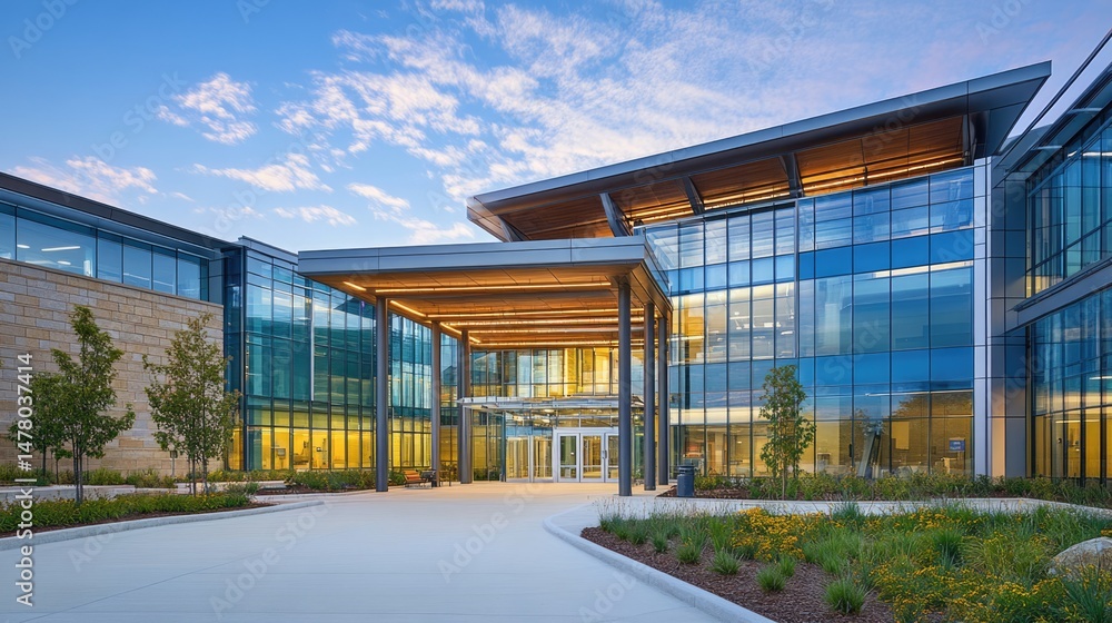 custom made wallpaper toronto digitalModern glass office building exterior at dusk, landscaped grounds