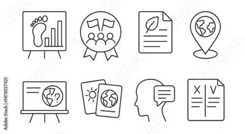 Line style icons of climate literacy: carbon footprint chart, class climate debate badge, youth climate journal file, local impacts map tag, global warming Q&A board, climate vocabulary flashcards,