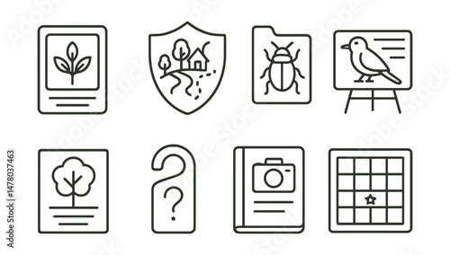 Line style icons of biodiversity learning: native plant card icon, school habitat map badge, insect survey file, bird ID board, tree walk flyer, “who lives here” tag, nature photo log, biodiversity