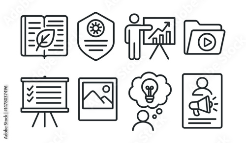 Line style icons of reflection and storytelling: eco journal page icon, story of impact badge, class presentation chart, video diary tag, “what I learned” board, memory photo file, blog post idea