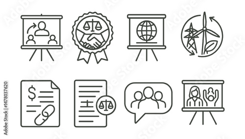 Line style icons of climate justice: vulnerable communities board, equity in action badge, global responsibility chart, just transition symbol, climate reparations file, policy with fairness tag,