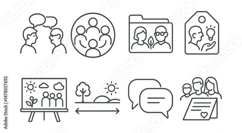 Line style icons of intergenerational climate dialogue: youth-elder discussion icon, story circle badge, learning across ages file, wisdom and action tag, community mural board, past-future timeline