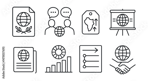 Line style icons of global climate governance: Paris Agreement file, international negotiations badge, country emissions tag, climate summit board, IPCC report icon, global goals chart, timeline of