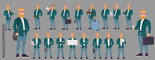 Man Character design. Front, side, back view and explainer animation poses. Character set with lip sync and facial expressions of Happy, angry, sad, Joy with Side walk cycle animation sequence sprite 