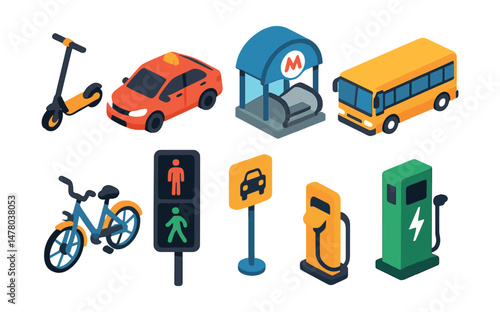 Isometric flat vector set of illustrations of urban transport: electric scooter, ride-share car, metro station, public bus, city bike, crosswalk light, taxi stop, EV charging station.
