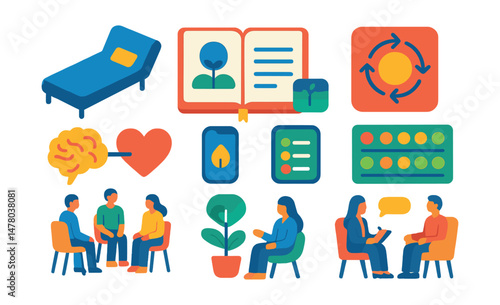 Isometric flat vector set of illustrations of mental health care: therapist couch, journal, meditation app, breathing exercise icon, brain and heart, mood tracker, support group, therapy session.