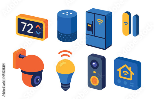 Isometric flat vector set of illustrations of smart home devices: smart thermostat, voice assistant, smart fridge, door sensor, surveillance camera, smart light, video doorbell, control hub.