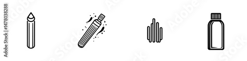 Vector illustration of art supplies including a pencil, marker, peaks, and a bottle in a simple design for creative projects
