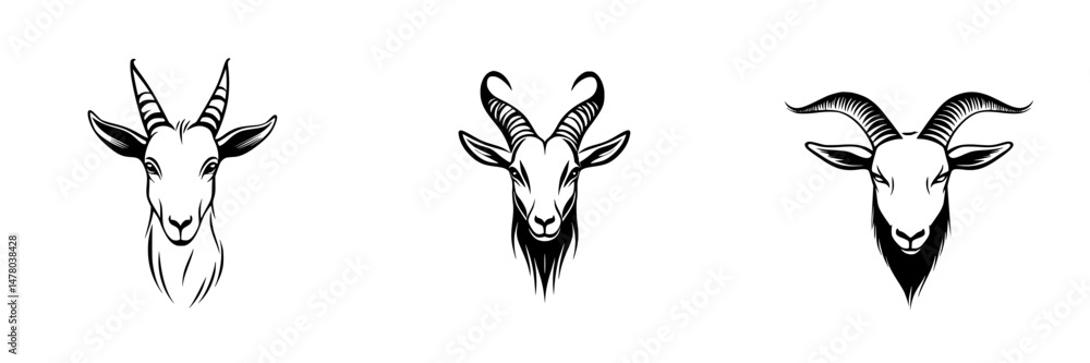 Naklejka premium Three unique vector illustration icons of goat heads showcasing different horn styles and facial features for diverse graphic design projects