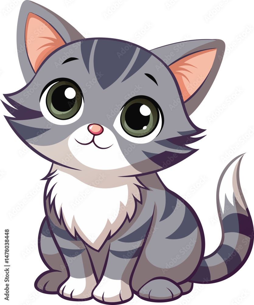 Obraz premium Cute Kitten Illustration: A charming illustration of a sweet kitten with adorable eyes, radiating innocence, waiting for a warm hug or a playful chase.