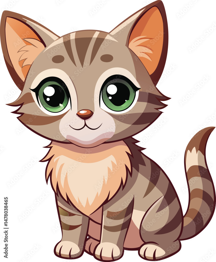 Fototapeta premium Cute Kitten Illustration: A captivating illustration of a charming kitten, with big, expressive eyes, soft fur, and a playful pose, embodies innocence and affection.