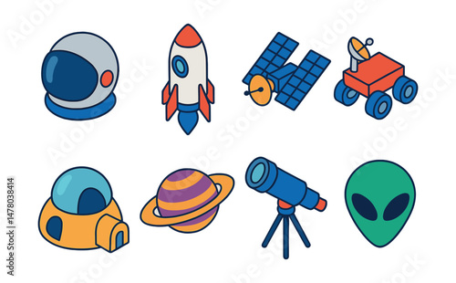 Isometric flat vector set of illustrations of space exploration: astronaut helmet, rocket, satellite, Mars rover, moon base, planet with rings, telescope, alien symbol.