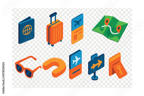 Isometric flat vector set of illustrations of travel essentials: passport, luggage, plane ticket, travel map, sunglasses, travel pillow, boarding gate, hotel keycard.