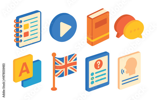 Isometric flat vector set of illustrations of language learning: vocabulary list, audio play button, grammar book, speech bubble, flashcards, language flag, quiz screen, pronunciation guide.