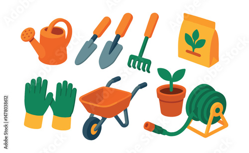 Isometric flat vector set of illustrations of gardening tools: watering can, trowel, rake, seed packet, garden gloves, wheelbarrow, potted plant, hose reel.