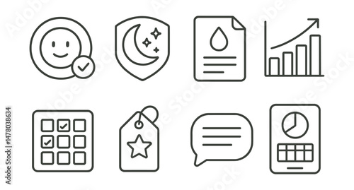 Line style icons of teen wellness tracking: daily mood check-in icon, sleep tracker badge, hydration log file, energy level chart, habit builder board, custom goal tag, journal reflection bubble,