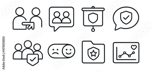 Line style icons of peer connection and safety: share with friend button icon, peer-led chat badge, talk with support board, safe topic bubble, group with consent tag, mood status toggle, trusted