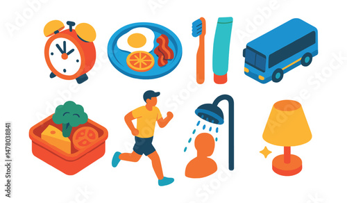Isometric flat vector set of illustrations of daily routine: alarm clock, breakfast plate, toothbrush, commuter bus, lunch container, evening jog, shower, night lamp.