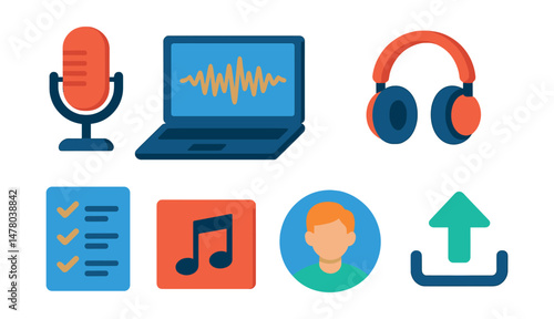 Isometric flat vector set of illustrations of podcast production: podcast mic, laptop with waveform, headphone set, soundboard, episode list, intro music, guest avatar, upload icon.