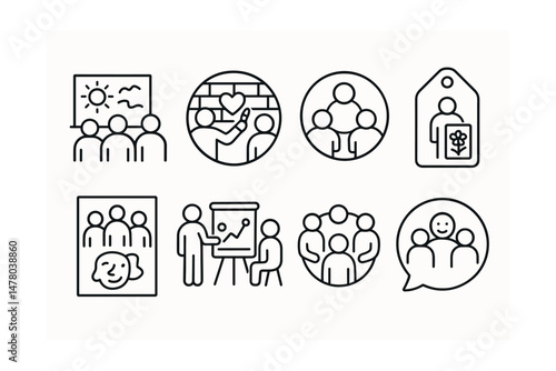 Line style icons of peer group expression: shared canvas icon, community mural badge, art circle board, silent share tag, gallery of trust file, peer-to-peer create chart, group symbols poster,