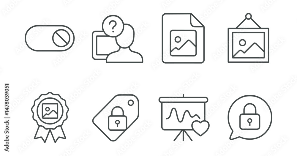 Line style icons of creative boundaries and consent: “do not share” toggle, ask before showing icon, title my art badge, no interpretation file, private gallery tag, art is mine board, Line style icons of creative boundaries and consent: “do not share” toggle, ask before showing icon, title my art badge, no interpretation file, private gallery tag, art is mine board,