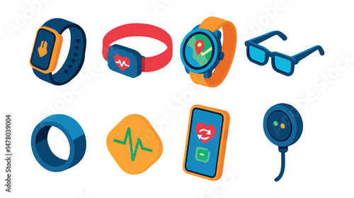 Isometric flat vector set of illustrations of smart wearables: fitness tracker, heart rate monitor, GPS watch, smart glasses, sleep ring, wearable patch, health app sync, charging dock.