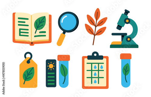 Isometric flat vector set of illustrations of botanical study: plant journal, magnifying glass, dried leaf, specimen vial, microscope, plant tag, sunlight meter, watering chart.
