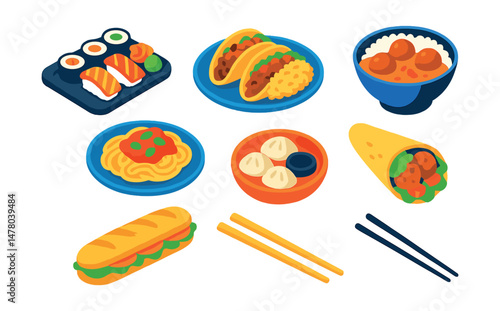 Isometric flat vector set of illustrations of multicultural food: sushi platter, taco plate, curry bowl, pasta dish, dumplings, falafel wrap, baguette sandwich, chopsticks.