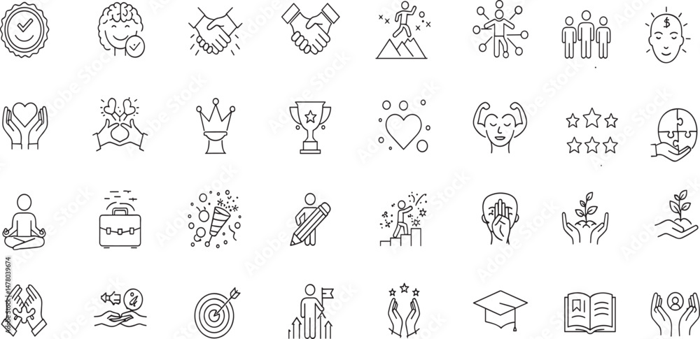 Core Values Line Editable Icons set. Vector illustration in modern thin line style of beliefs related icons: happiness, work, community, and more.
