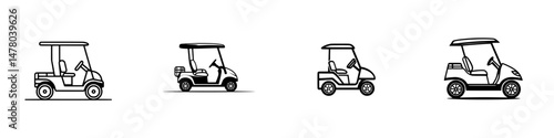 Vector illustration of multiple golf carts showcasing different styles and designs in a simple line art format