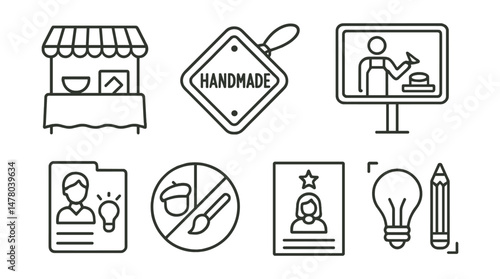 Line style icons of showcasing local makers: artisan booth icon, handmade sign badge, QR to maker story tag, demo in action board, maker spotlight file, behind the craft chart, local talent flyer,